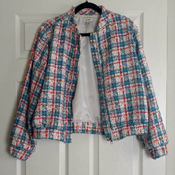 On 34th Blue Coral Metallic Tweed Full Zip Bomber Jacket - Picture 3 of 7